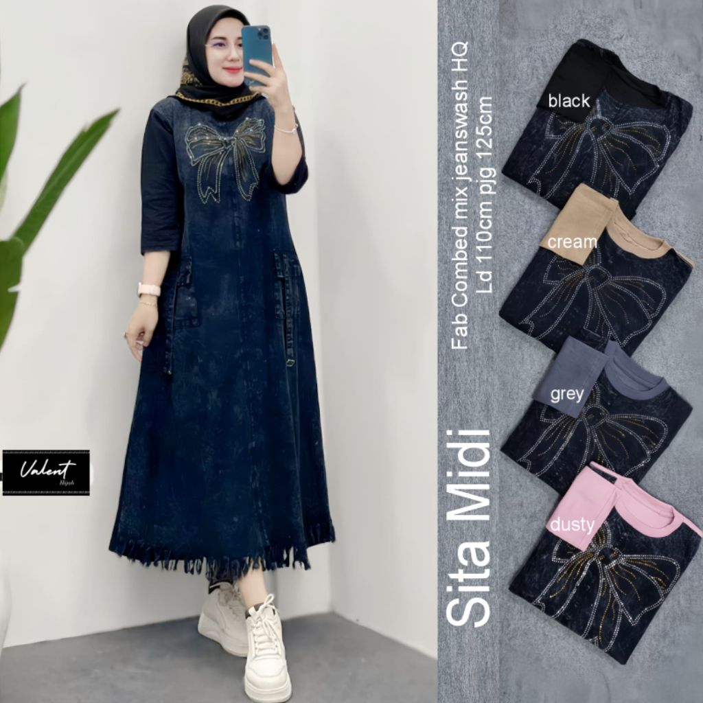 Sita Midi By Valent//Midi Dress Kekinian Bahan Jeanswash Mix Combed Premium Saku Depan