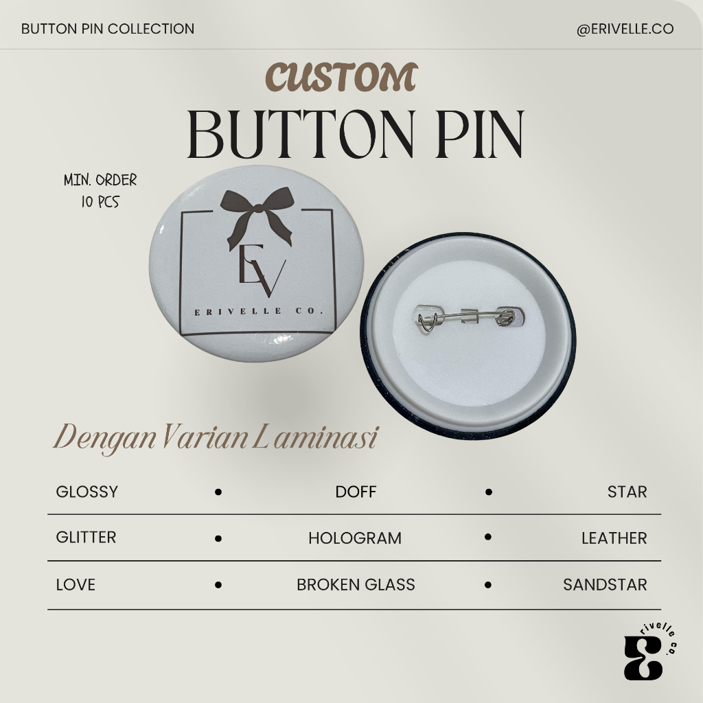 Erivelle Co. – Button Pin Peniti Custom Desain Sendiri | Pin Nama, Foto, Logo Souvenir