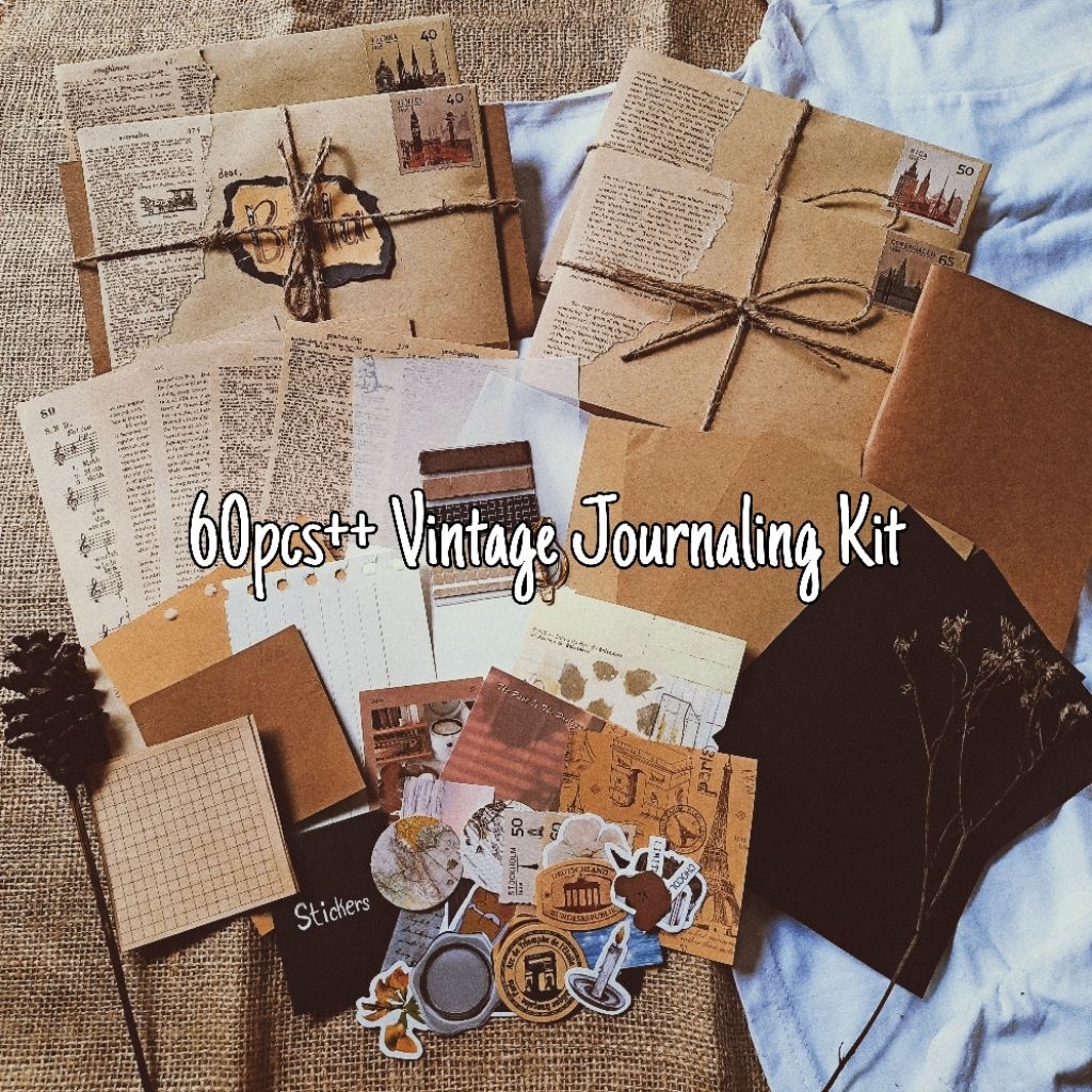 60pcs++ Journaling Kit Paket 60 Pcs Perlengkapan Jurnal Bertema Vintage, Alat Tulis dan Kertas Jurna