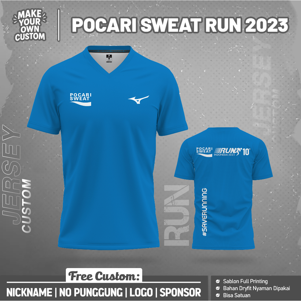 Baju Jersey Custom POCARI SWEAT RUN 2023 SKY PENDEK Free Custom Nama Nomor Logo Full Printing