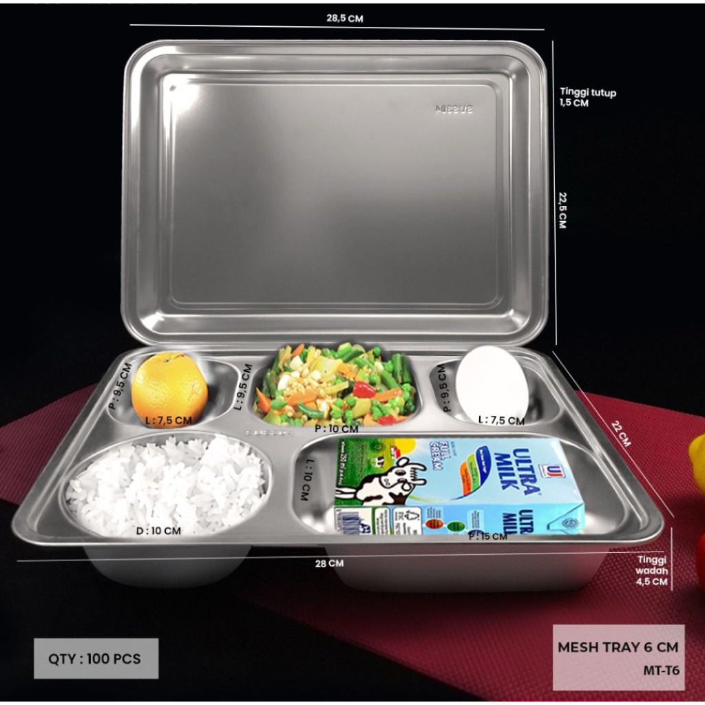 piring makan catering 5 sekat stainless TEBAL plus TUTUP STAINLESS / piring nampan stainless tebal s