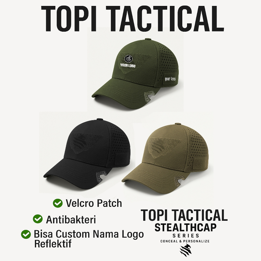 Topi Tactical Pria l Topi Custom Reflektif – StealthCap –, Bisa Custom Logo & Nama