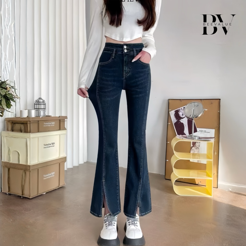 [Beevalue] Celana Jeans Panjang Cutbray Wanita Bahan Stretchy Melar Dua Kancing Highwaist Celana Jea