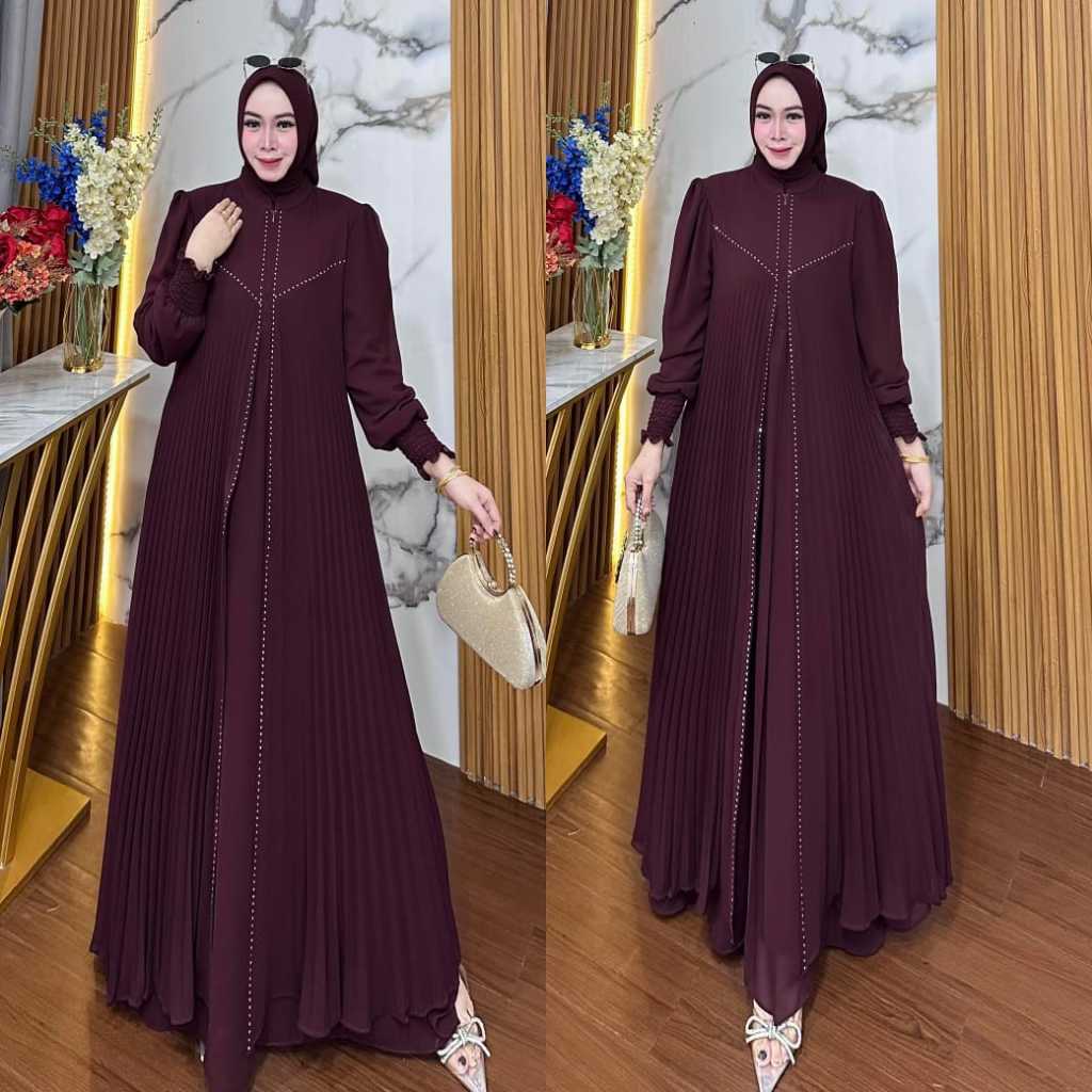 damla id gamis hijab + gamis motif aksen plisket kombinasi payet swaroky modern kekinian 2026 edisi 