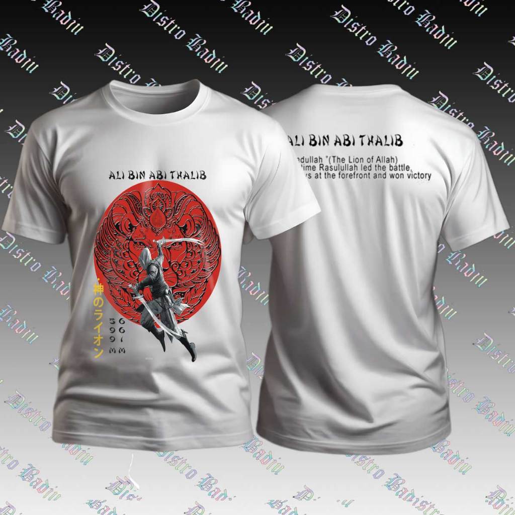 Kaos Pria Muslim Ali Bin Abi Thalib Asadullah | Desain Kaligrafi Anime Jepang Keren
