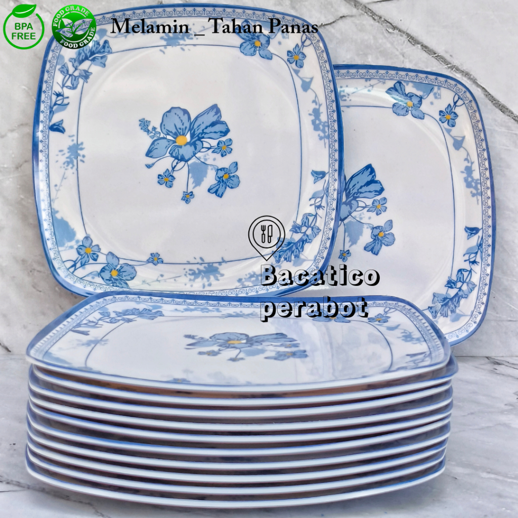 SPESIAL 6 PCS PIRING KOTAK PRASMANAN MELAMIN MOTIF BIRU ROSE 9 INCH/ Piring Prasmanan Set Melamin