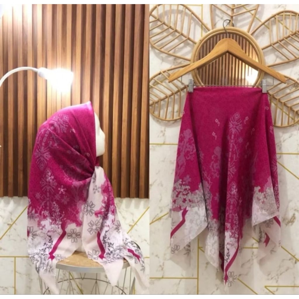 Kerudung segiempat voal motif bunga pink magenta fushia/hijab katun voal printing sublime