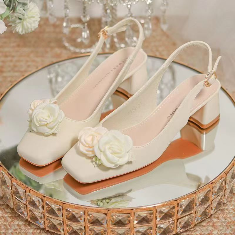 New Chinese Style Putih Flower Sandals Women's Toe Cap Chunky Heel High Heels Back Empty