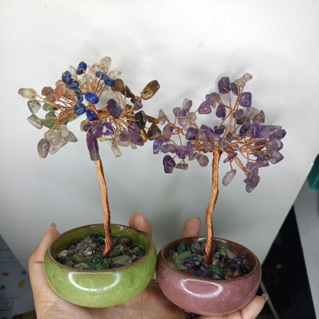 pajangan pohon crystal 7 seven Cakra dan Amethyst feng shui asli batu alam natural