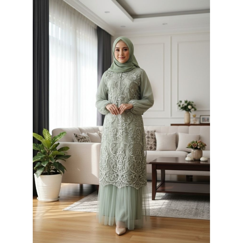 Ramadhan Collection | Naila Gamis Brukat Kombinasi Tile Mewah Model Mermaid Duyung Motif Bunga Warna