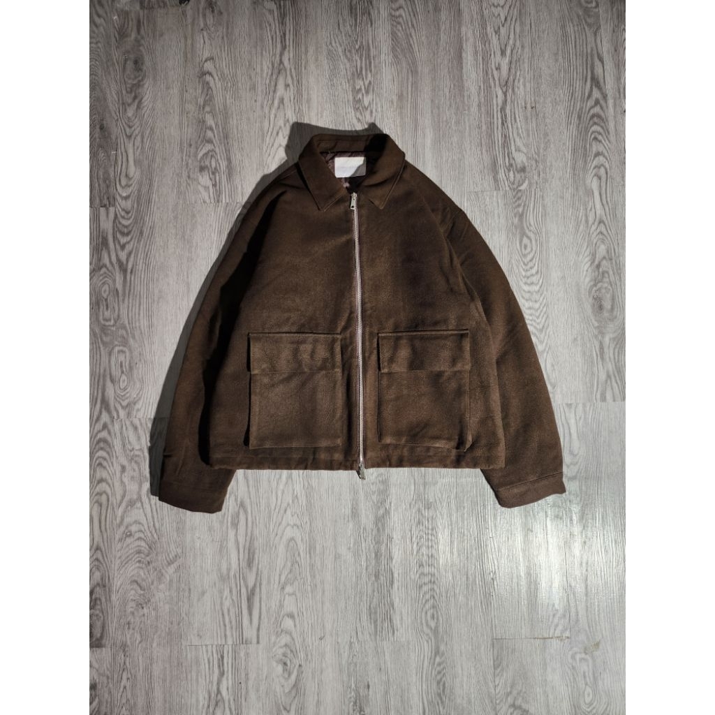 W&P House Wool Blend Boxy Double Zipper Dark Brown Blouson Jacket.