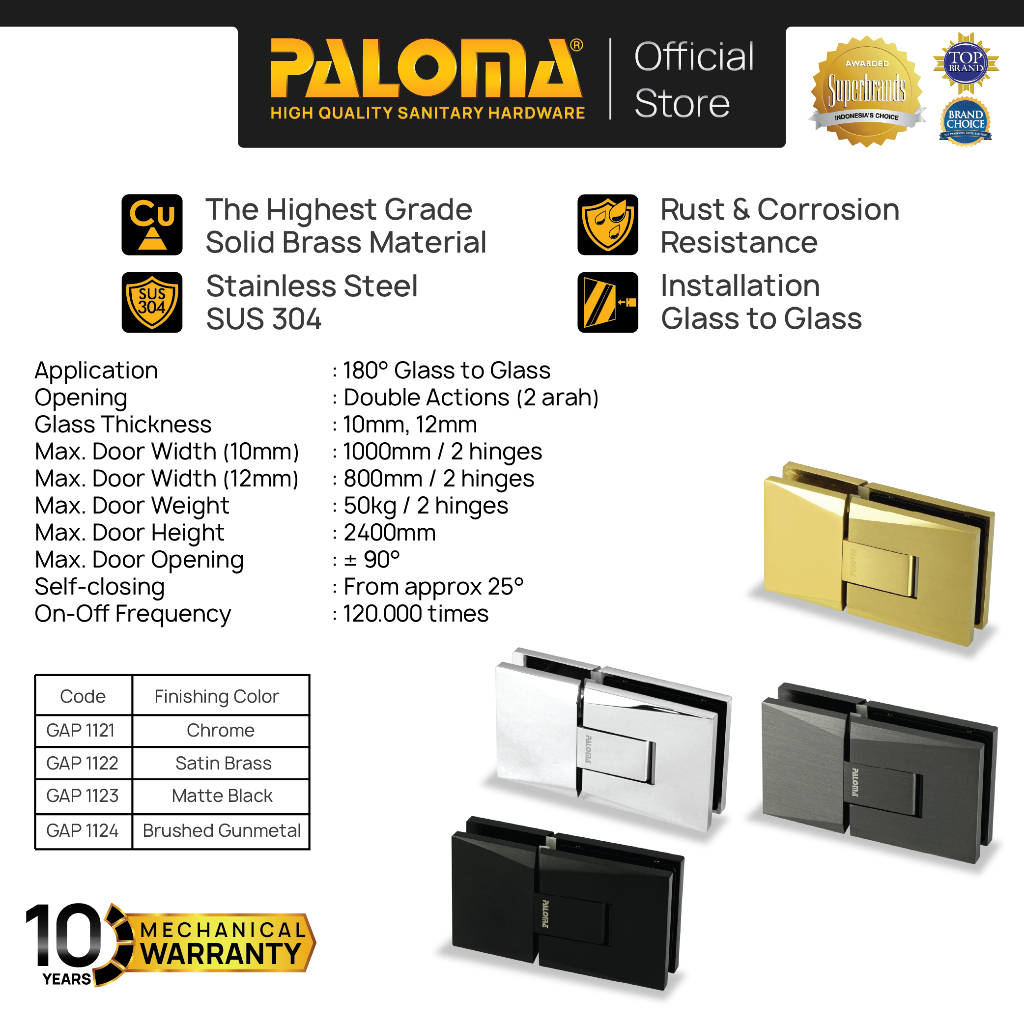 PALOMA Engsel Shower Hinge Pintu Kaca Kamar Mandi Jepit Penjepit Partisi Box Kaca ke Kaca Glass to G