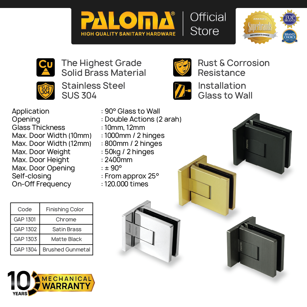 PALOMA Engsel Shower Hinge Pintu Kaca Kamar Mandi Jepit Penjepit Partisi Box Kaca ke Dinding Tembok 