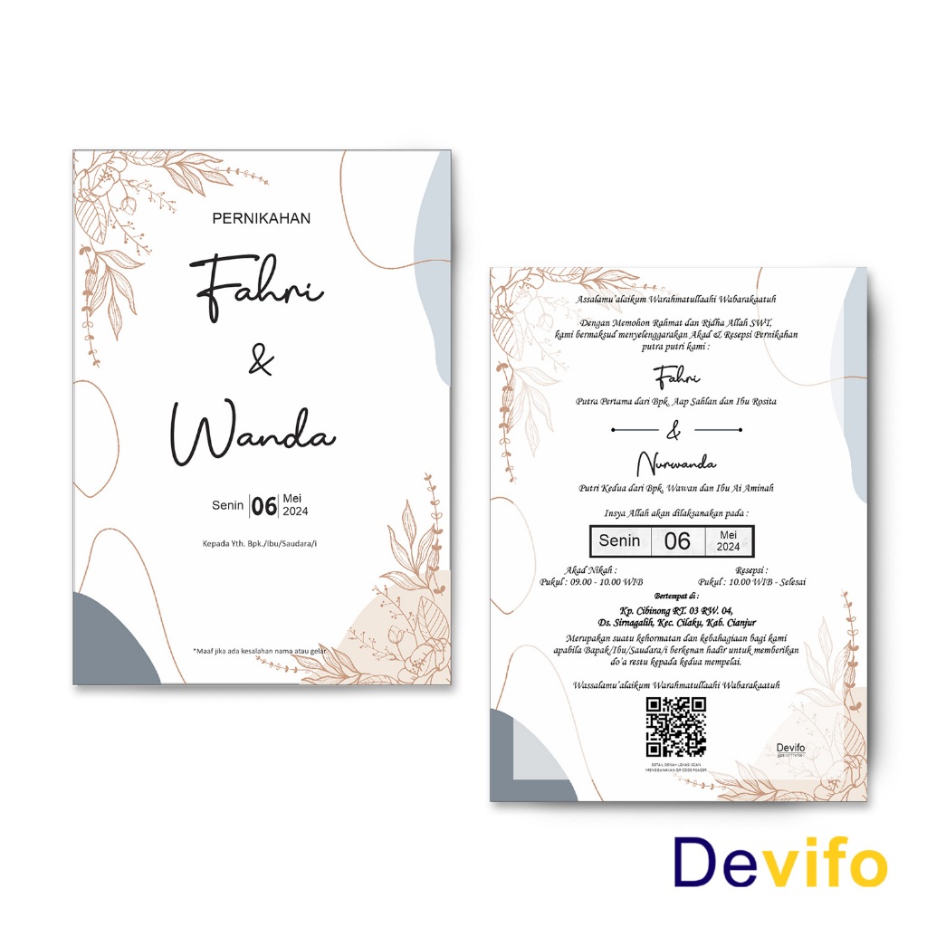 Undangan Devifo Single Page Murah 400an | Kekinian, Elegan, Minimalis,Simple , 1 Lembar Harga Super 