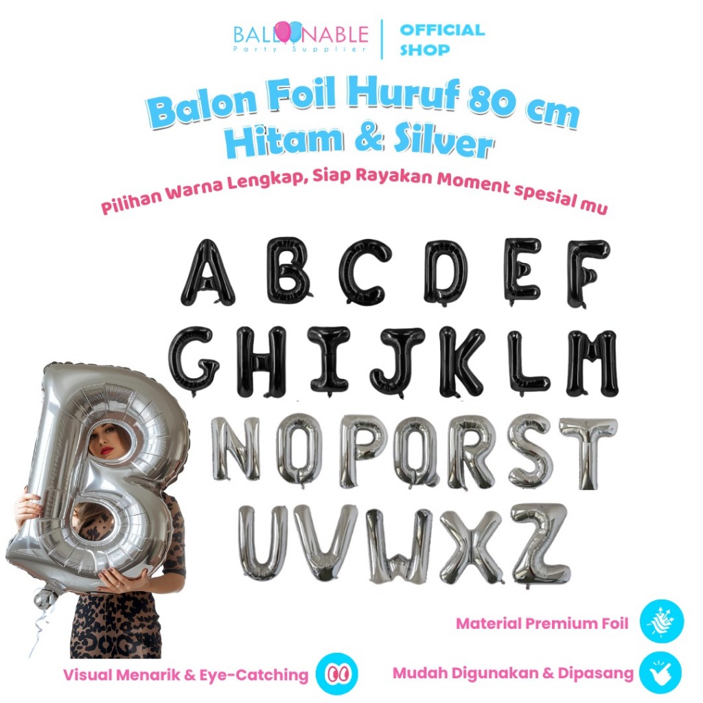 Balon Foil Huruf Hitam & Silver 80cm | Balon Huruf 80cm Silver Hitam