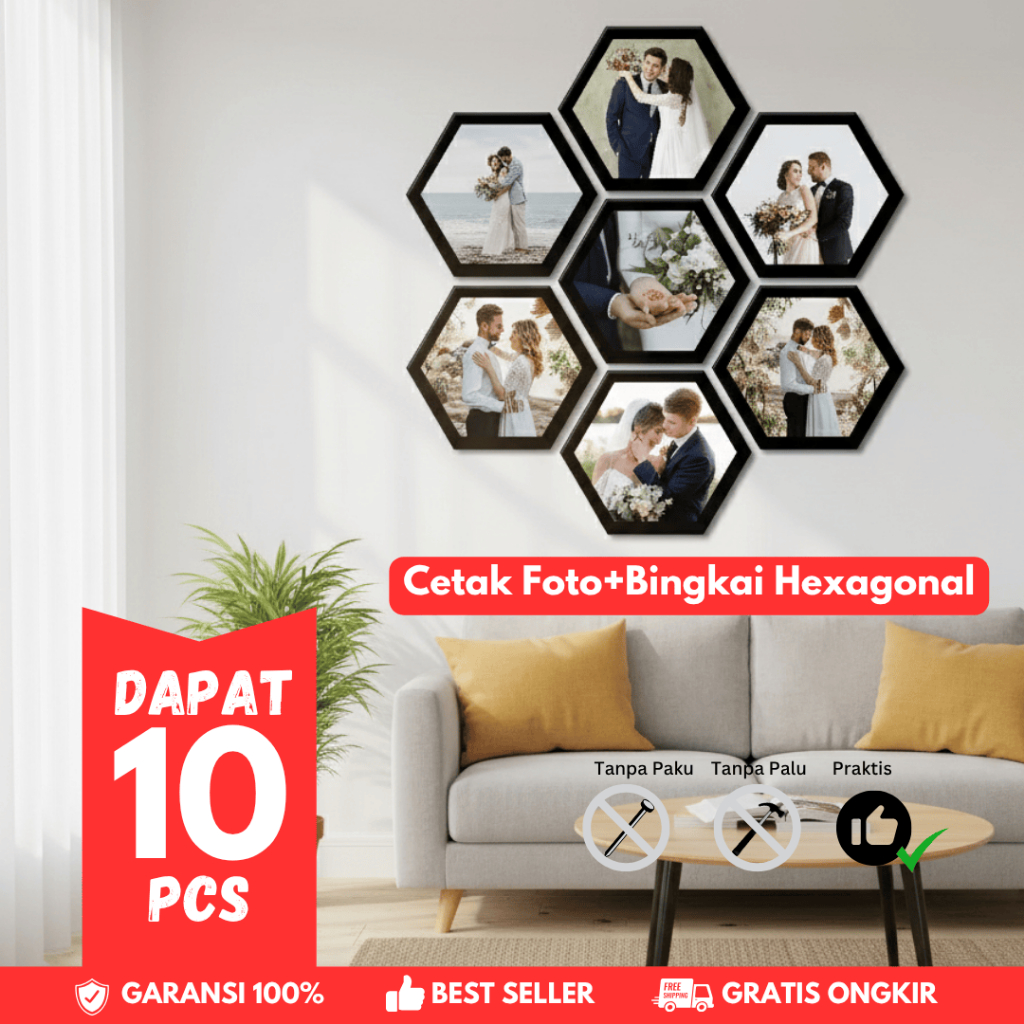 Paketan Cetak Foto Plus + Bingkai Hexagonal Segi Enam 6 Hexa Ukuran Besar Gede Frame Dekorasi Dindin