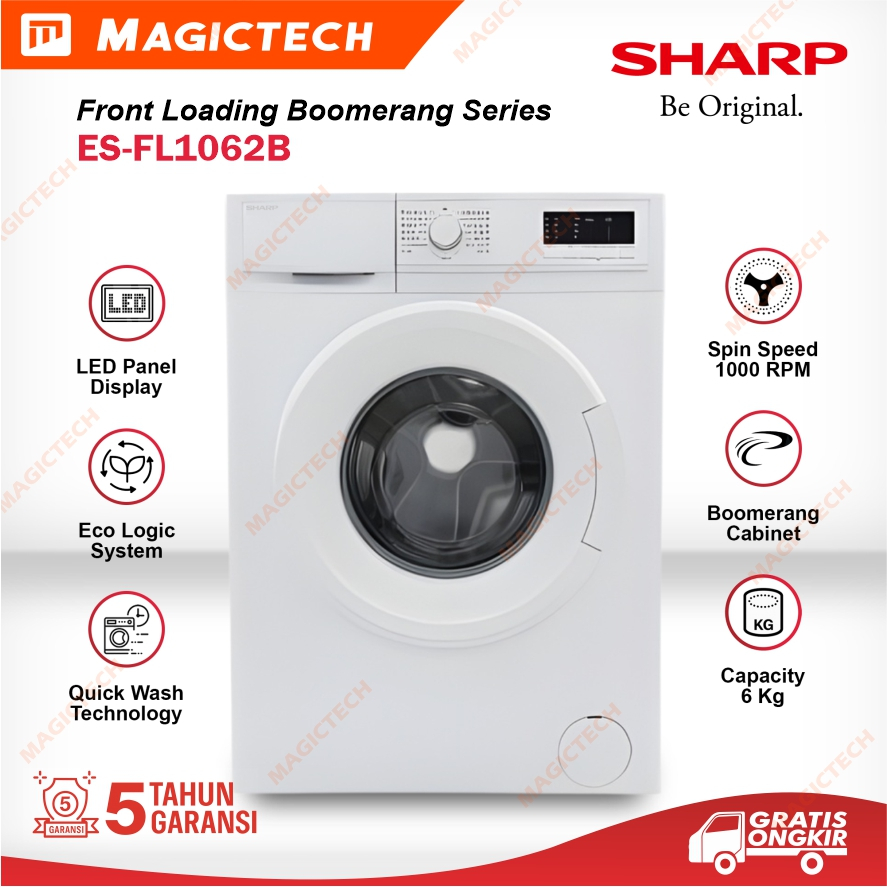 Sharp Mesin Cuci 6 Kg Front Loading  Boomerang Series ES-FL1062B 6Kg Hemat Listrik Quick Wash Tech