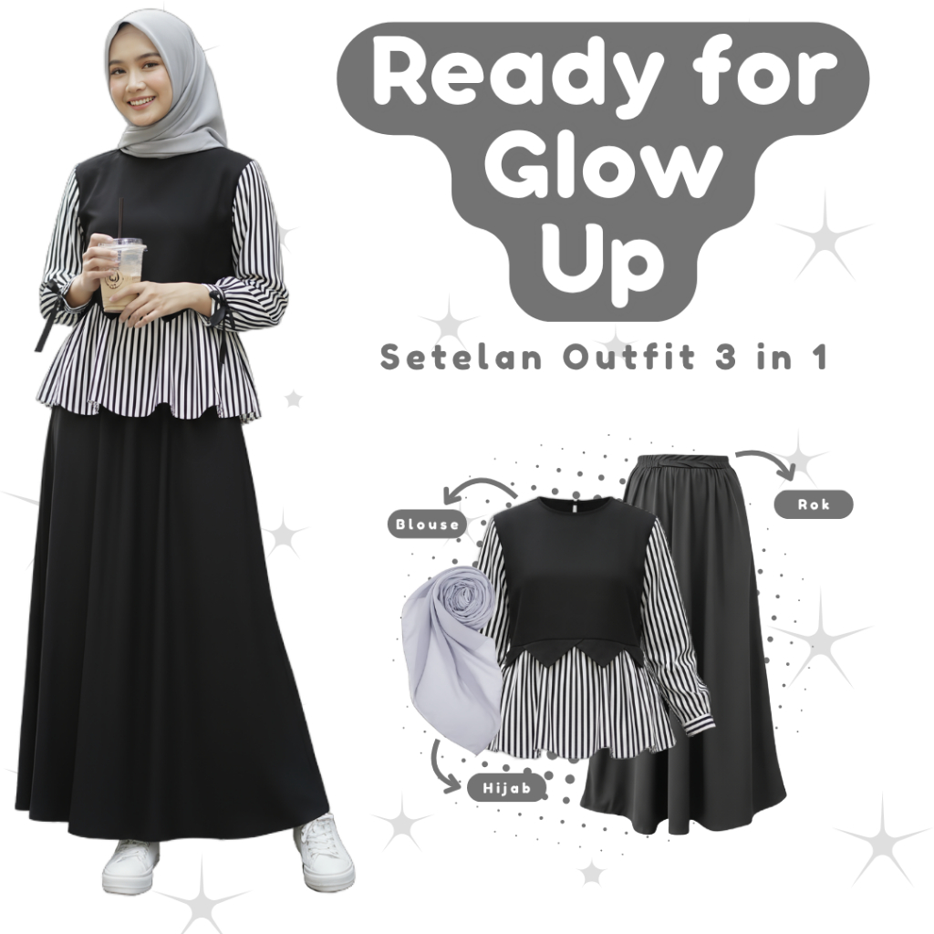 one set kekinian ( Blouse, Rok Mayung, Hijab ) baju setelan wanita, outfit cewek, outfit one set