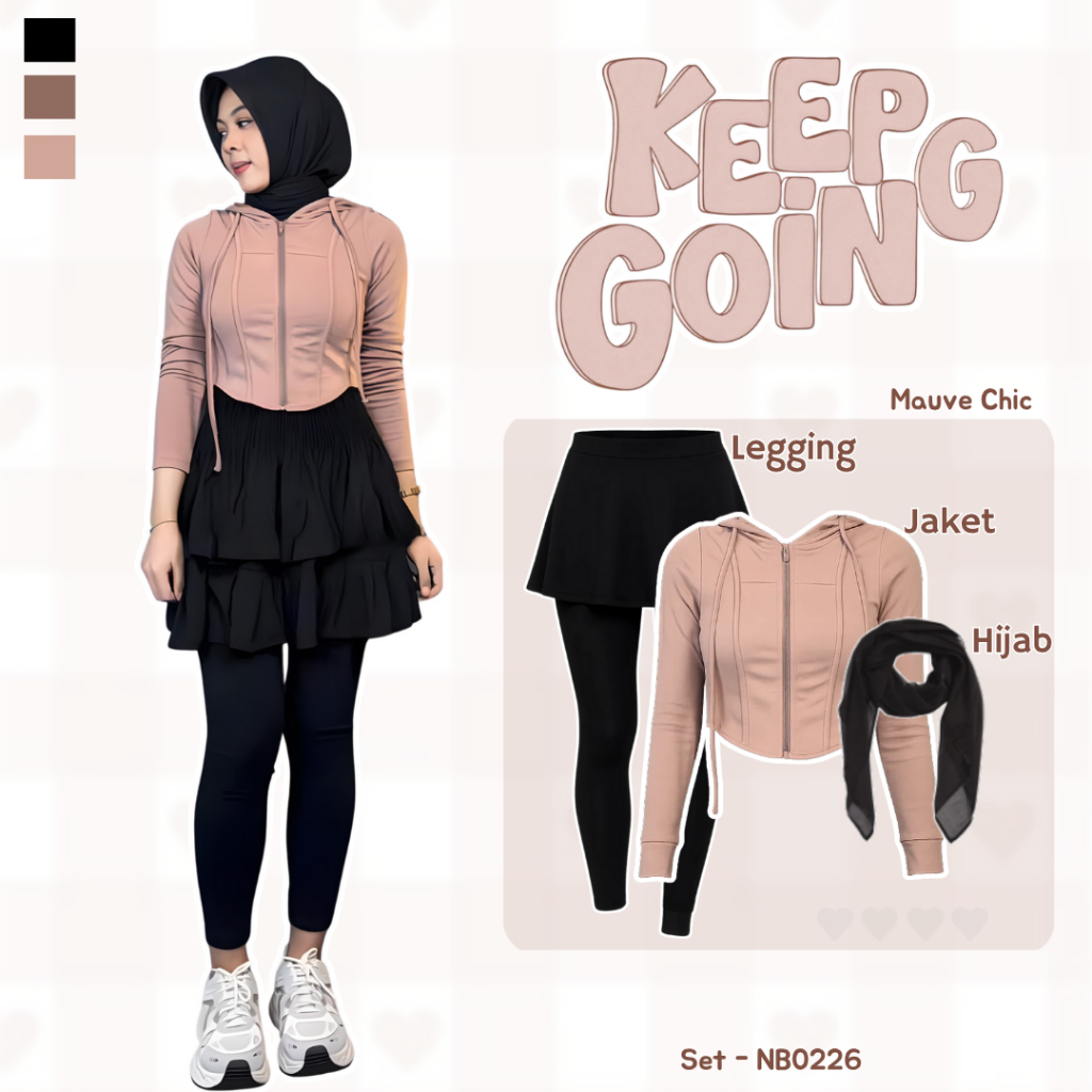 3 In 1 One Set Ootd Wanita Kekinian Setelan Mauve Chic Jaket Olahraga Zipper Premium (Hijab+Jaket+Le