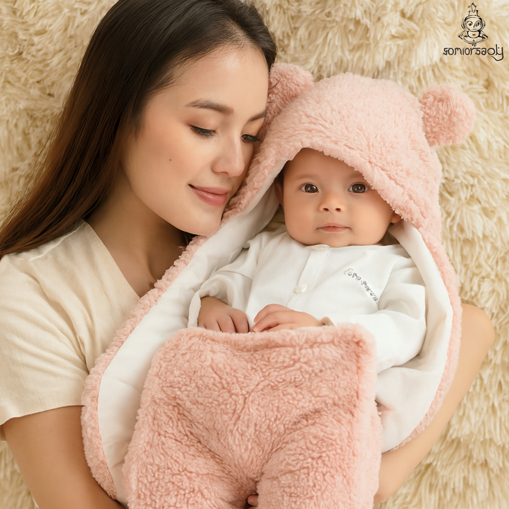 Selimut Bayi Topi Boneka | Karakter Beruang Double fleece Lembut Bulu Halus Blanket bayi lucu untuk 