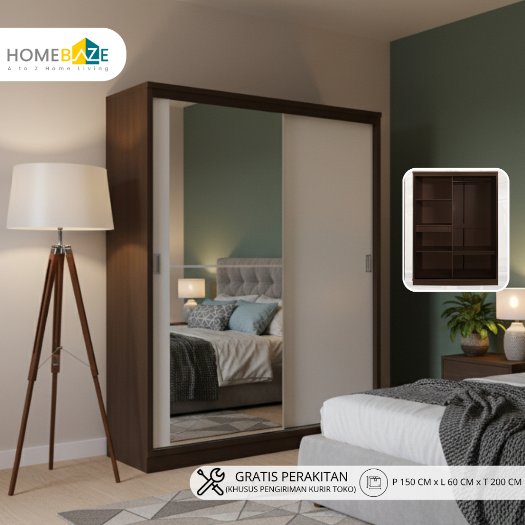 Homebaze - Lemari Sliding 2 Pintu Cermin Besar, Lemari Geser, Murah Kokoh Tahan Lama