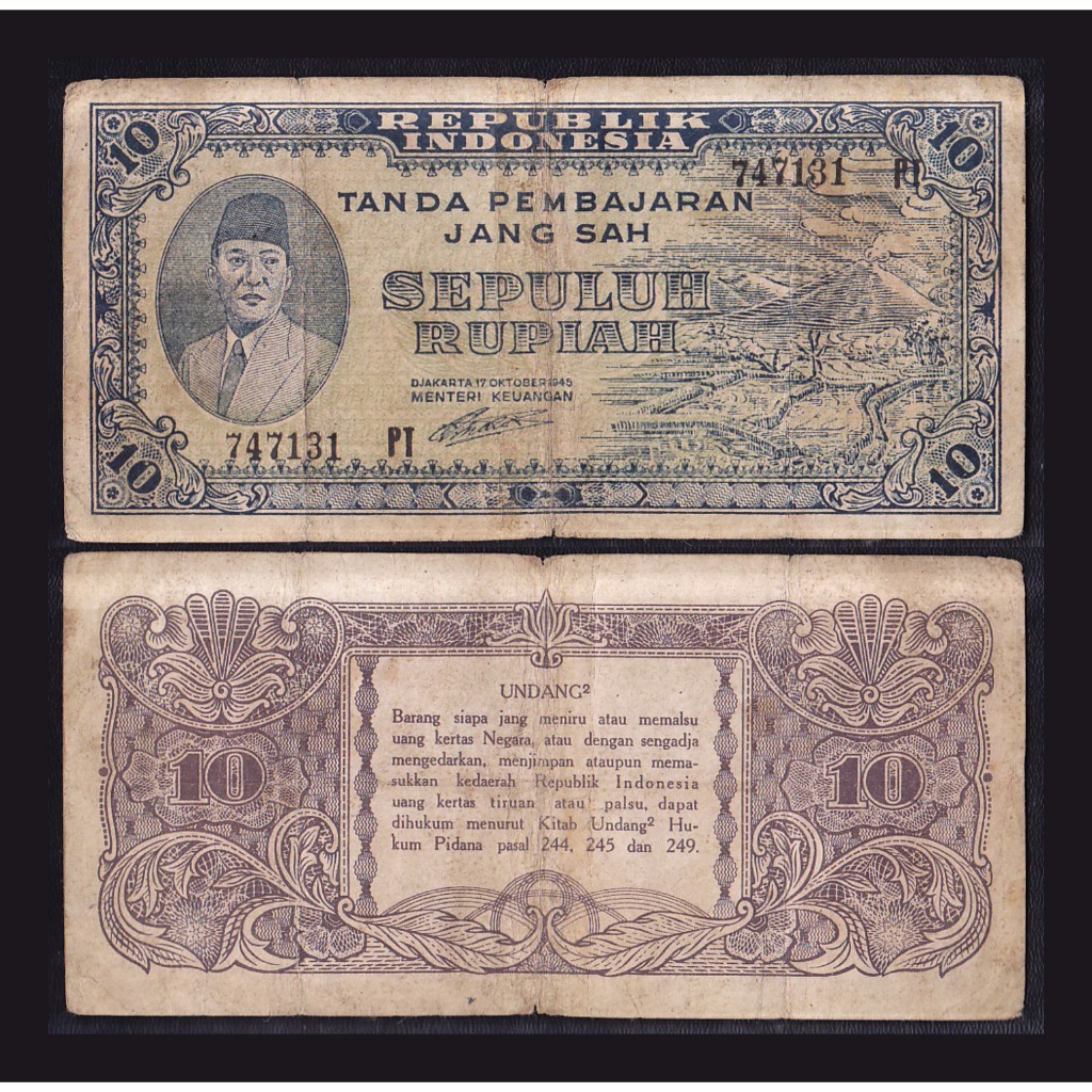 Uang kuno 10 rupiah tahun 1945 seri Oeang Repoeblik Indonesia (ORI-I)