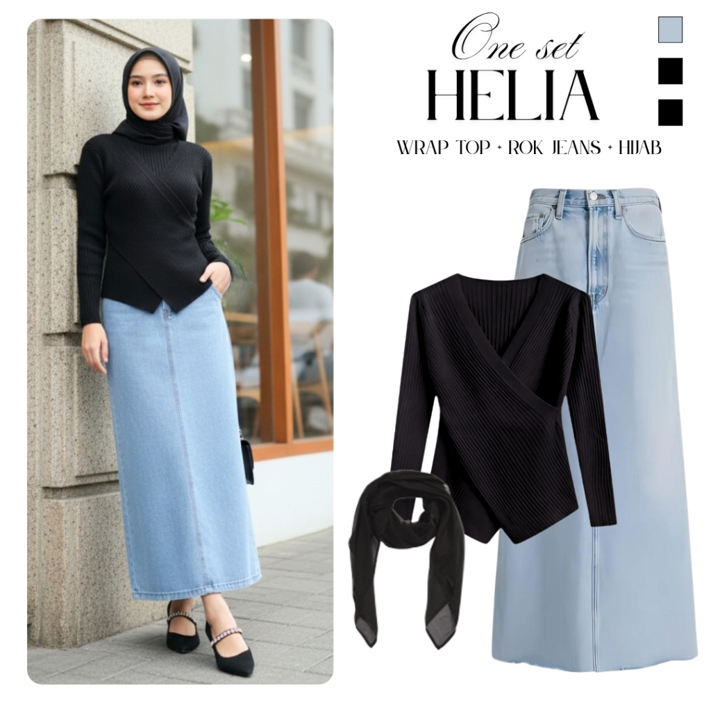 One Set Wanita Kekinian ( Blouse Wrap Knitt + Rok Jeans + Hijab ) Setelan Outfit Ootd Helia