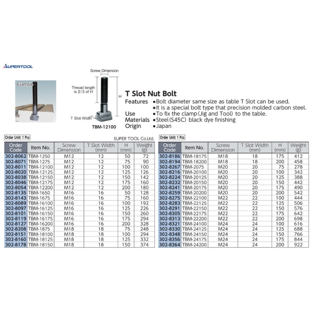 SUPER TOOL T-slot bolt (M24) T-slot: 24 H (mm): 200 TBM-24200