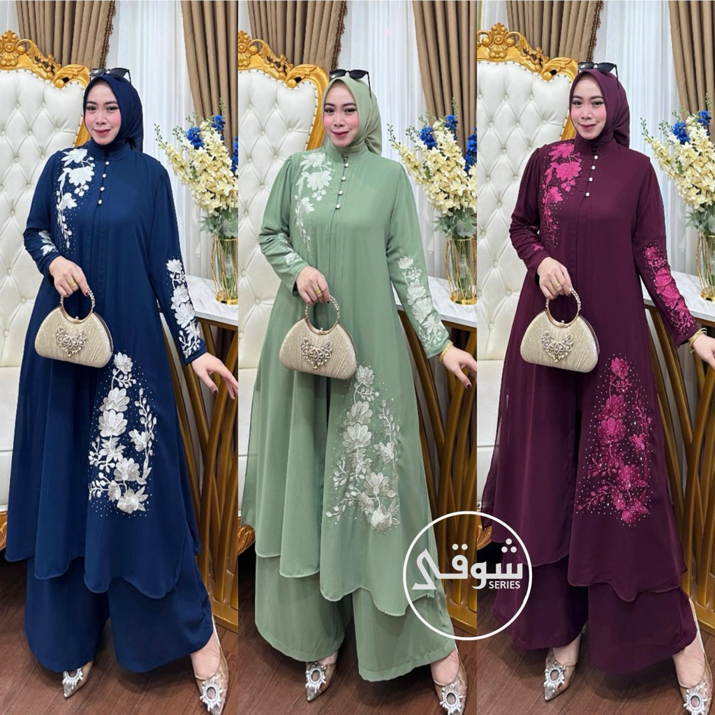 SYAUQI.SERIES - Setelan Celana Wanita 3in1 Gamis Bordir Bahan Ceruty Babydoll Aksen Payet Swarovsky