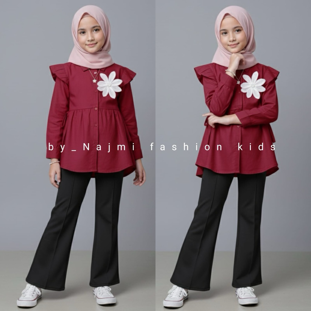 Setelan Anak Perempuan Blouse Bunga Rompi Dan Celana Cutbray