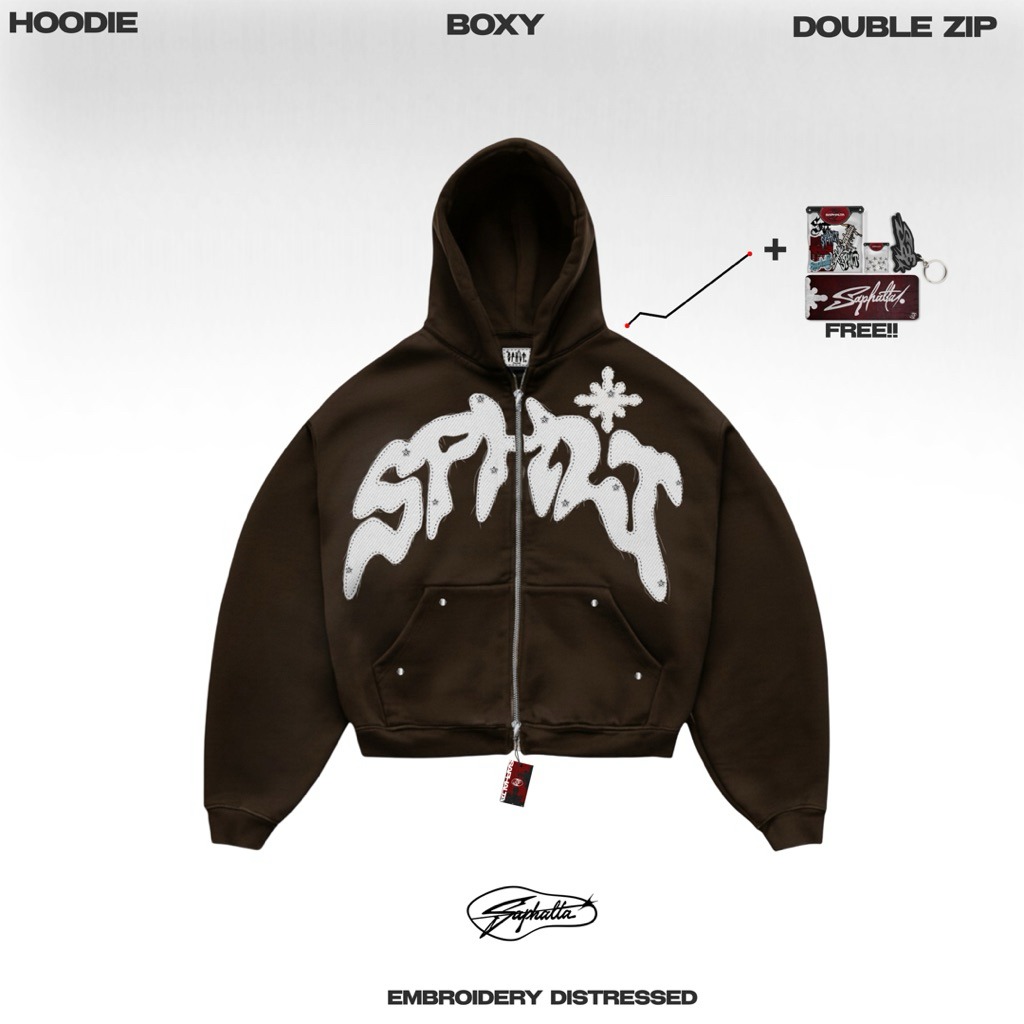 Hoodie Boxy Double Zipper 330GSM | Unisex | SPHLT | DARK BROWN | Hoodie Patch