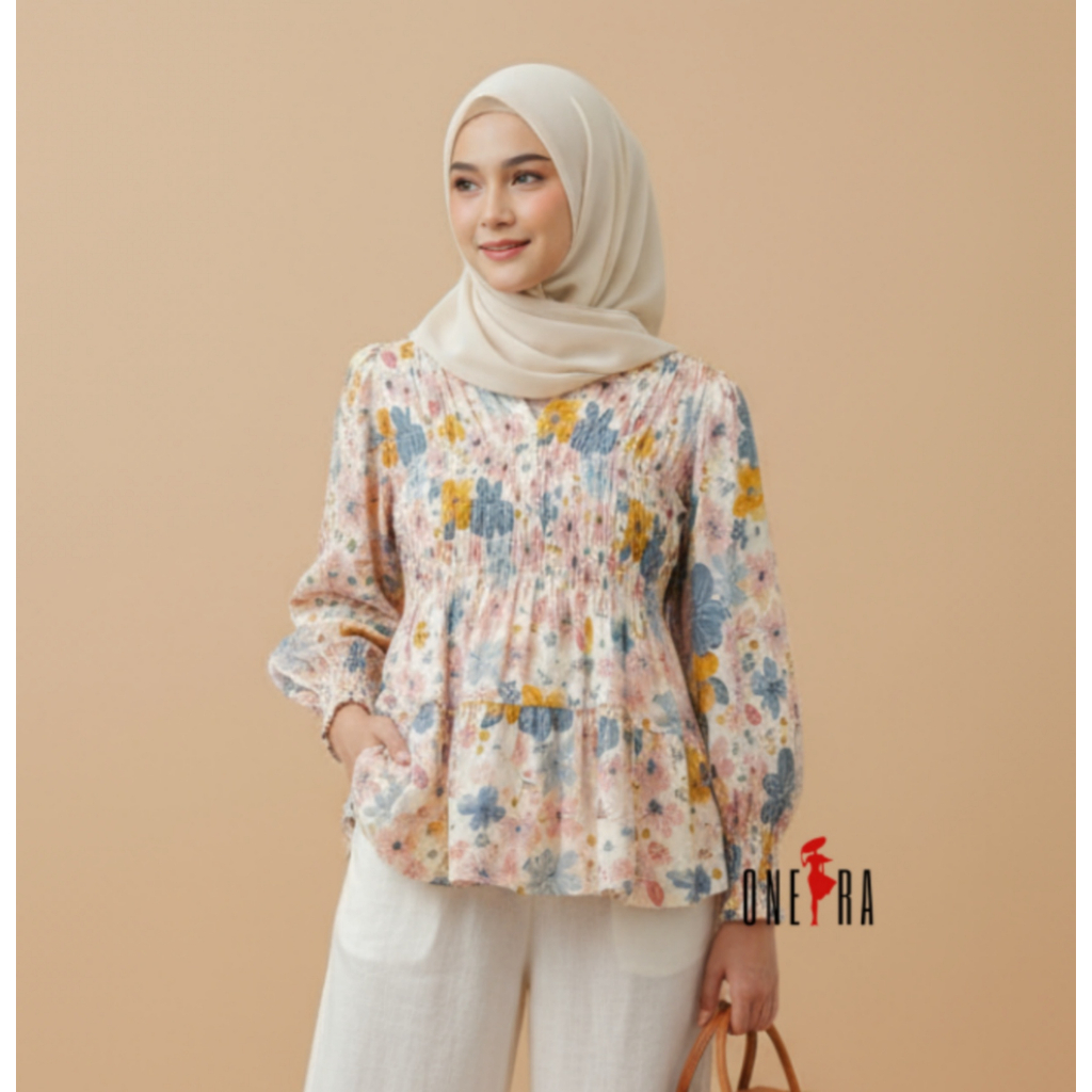 Mireya Blouse Dada Kerut Rayon Motif Bunga Wanita Lengan Panjang | Baju Atasan Wanita | Outfit Hijab