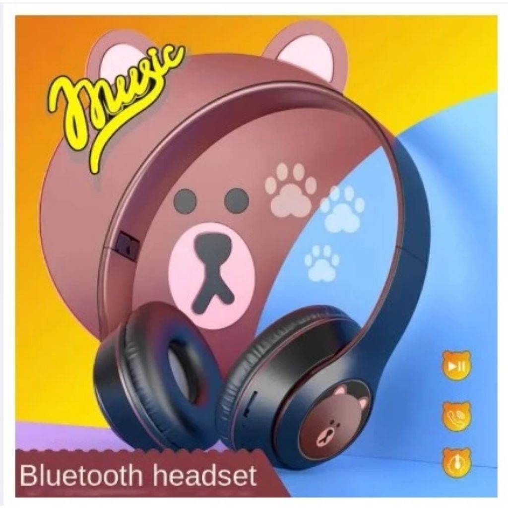 Headphone Wireless Beruang MZ002 Bluetooth V5.3 Headset Full Bass Stereo Cartoon Bear Face Stereo Fo