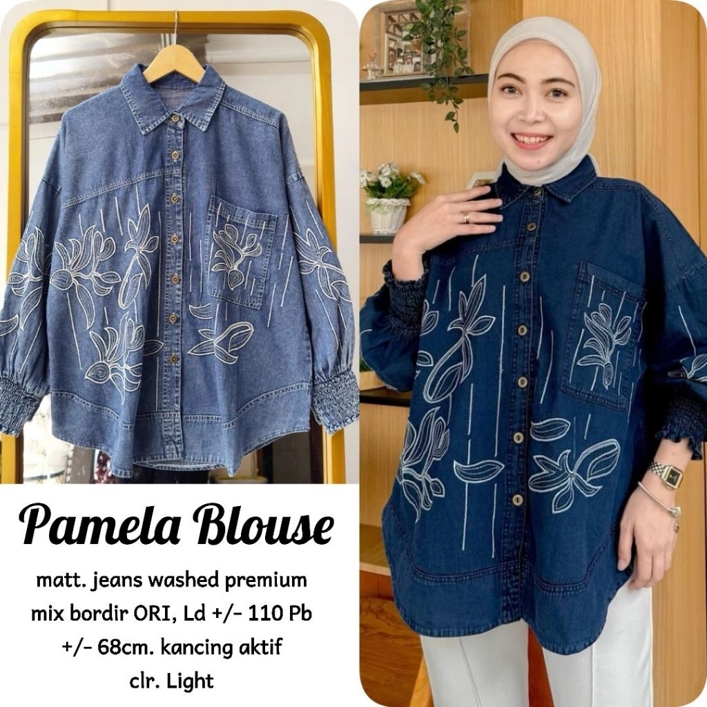 PAMELA BLOUSE JEANS MIX BORDIR PREMIUM