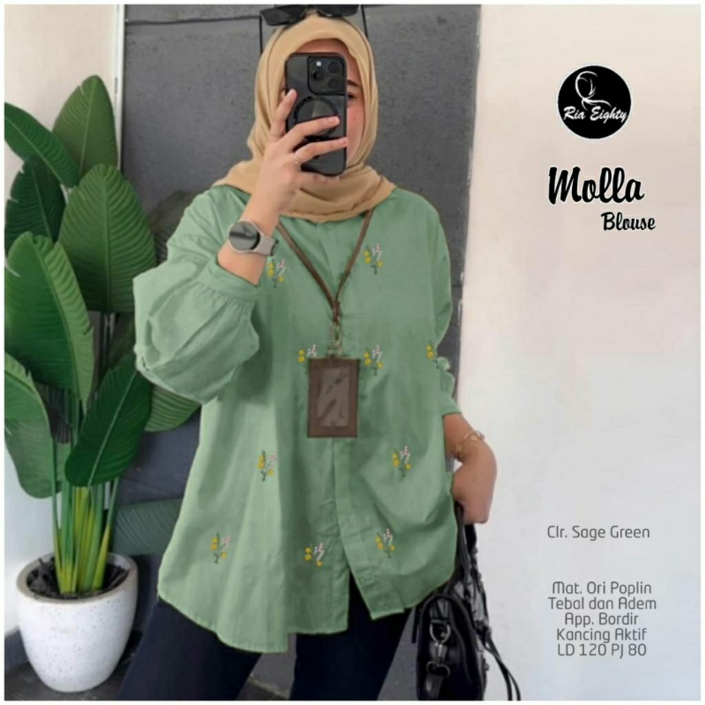 Moula sage green kemeja Oversize Ld 120 Blouse jumbo bordir asli / riaeighty