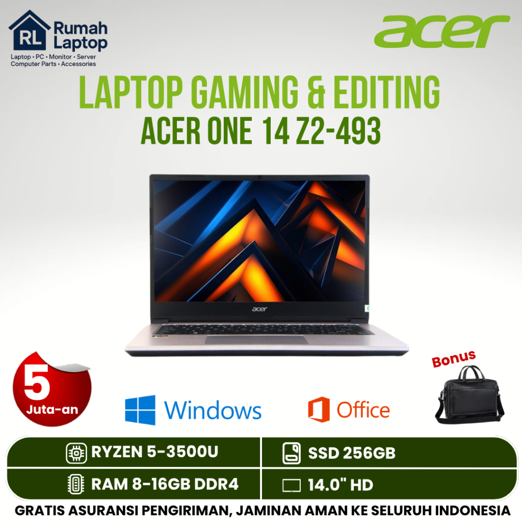 BARU Laptop Acer One 14 Z2-493 Ryzen 5 Ram 16Gb Ssd 256Gb Layar 14" Vga Amd Radeon Vega 8 Silver Mur