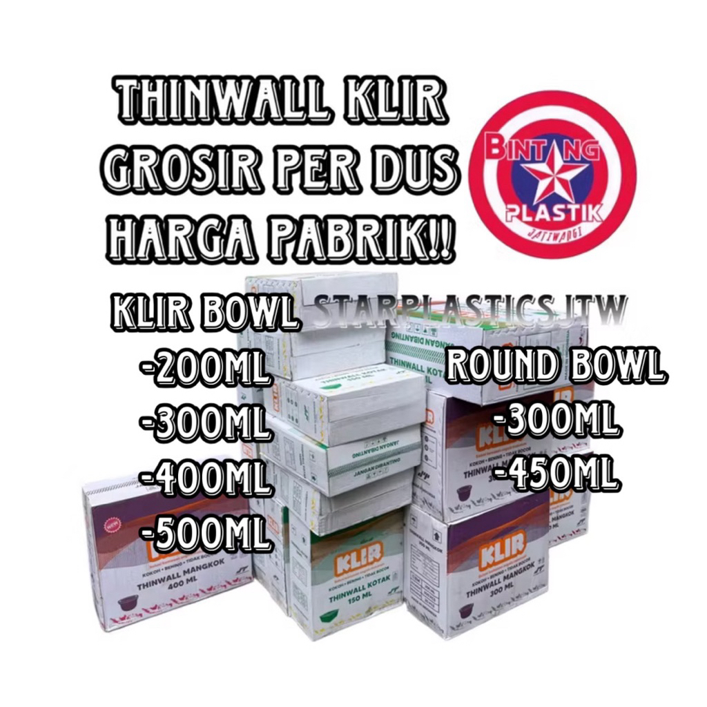 [GROSIR 1 DUS] KLIR Thinwall Bulat / Mangkok / Bowl / Round Plastik Makan 200ml 300ml 400ml 450ml 50