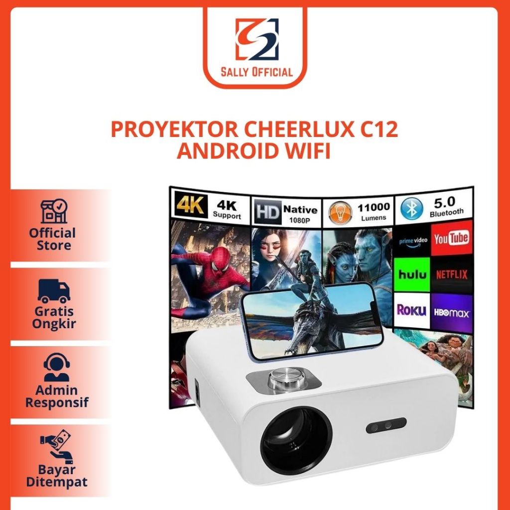 Proyektor Cheerlux C12 Android Wifi Mirroring HP Bluetooth 3800 Lumens Projector