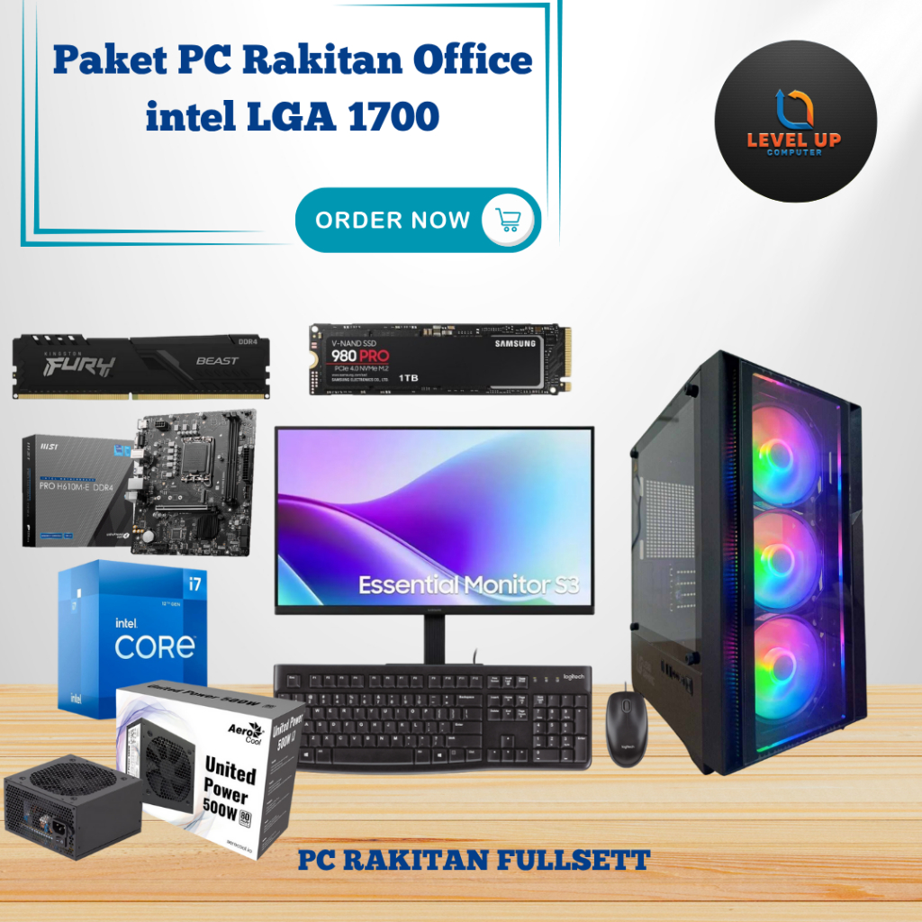 Paket PC Rakitan Office Intel LGA 1700 dengan Processor Core i7 12700, Motherboard Gigabyte/MSI H610