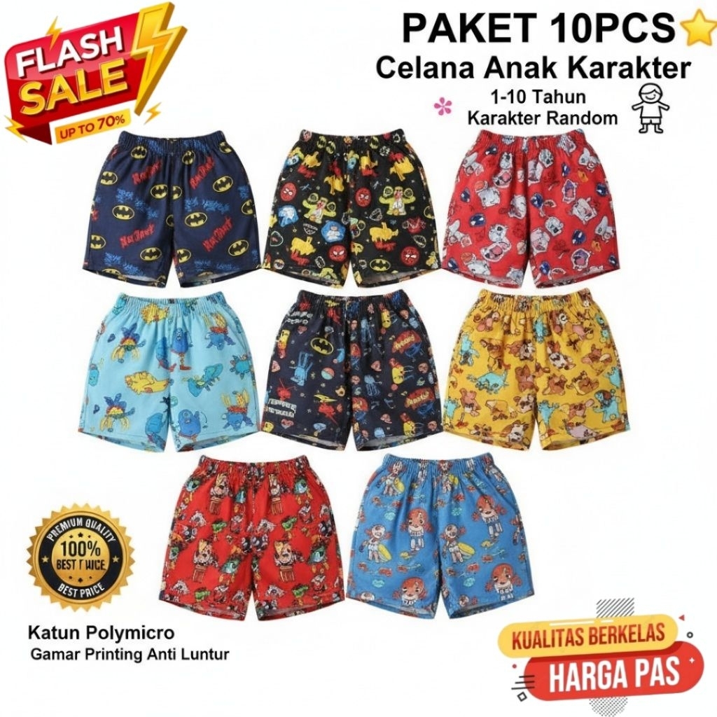 Paket Isi 10 Pcs Celana Pendek Anak Perempuan Motif Karakter Usia 1-10 Tahun Celana Kolor Anak Motif