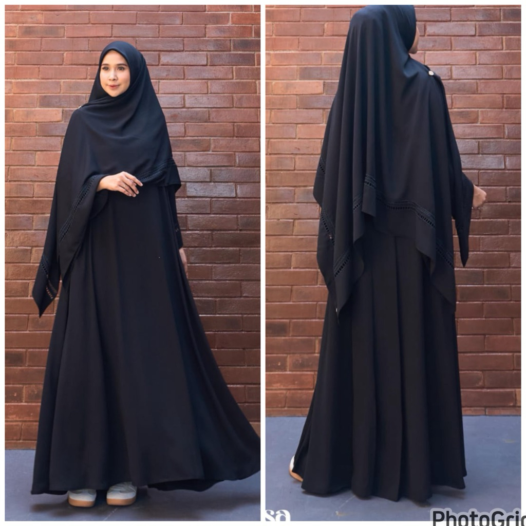 Khalisa dress,gamis syari set hijab hitam wanita premium Marevi hijab segi empat,buat umroh atau aca