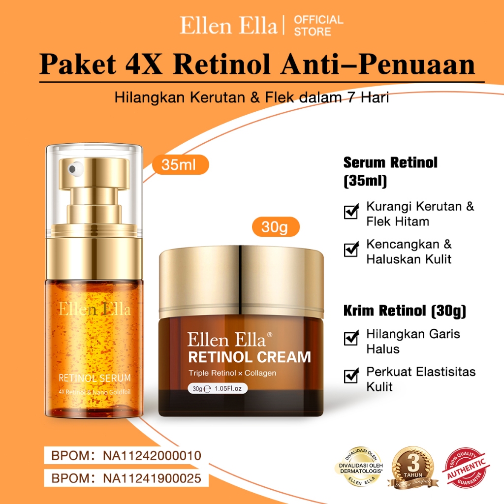 [BPOM] ELLEN ELLA Anti Aging Malam Set 4X Retinol Serum Wajah 35ml + Retinol Cream 30g Anti Aging Es