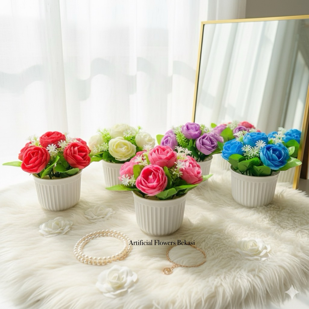 BUNGA RANUCHULUS VAS LABU bunga artificial bunga plastik vas putih labu cantik simpel murah meriah