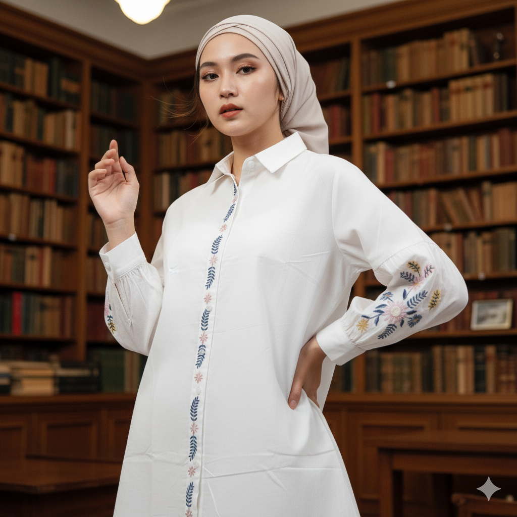 Blouse Putih Wanita Motif Bordir Lengan Pajang Bahan Katun Poplin