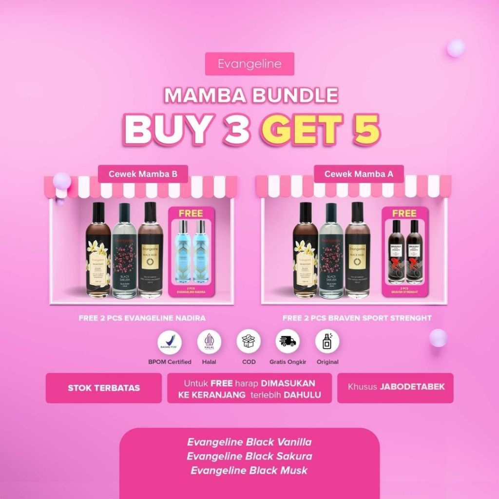 [BUY 3 GET 5] Cewek Mamba Bundle | Evangeline Black Sakura, Black Vanilla, Black Musk - Free BRAVEN 