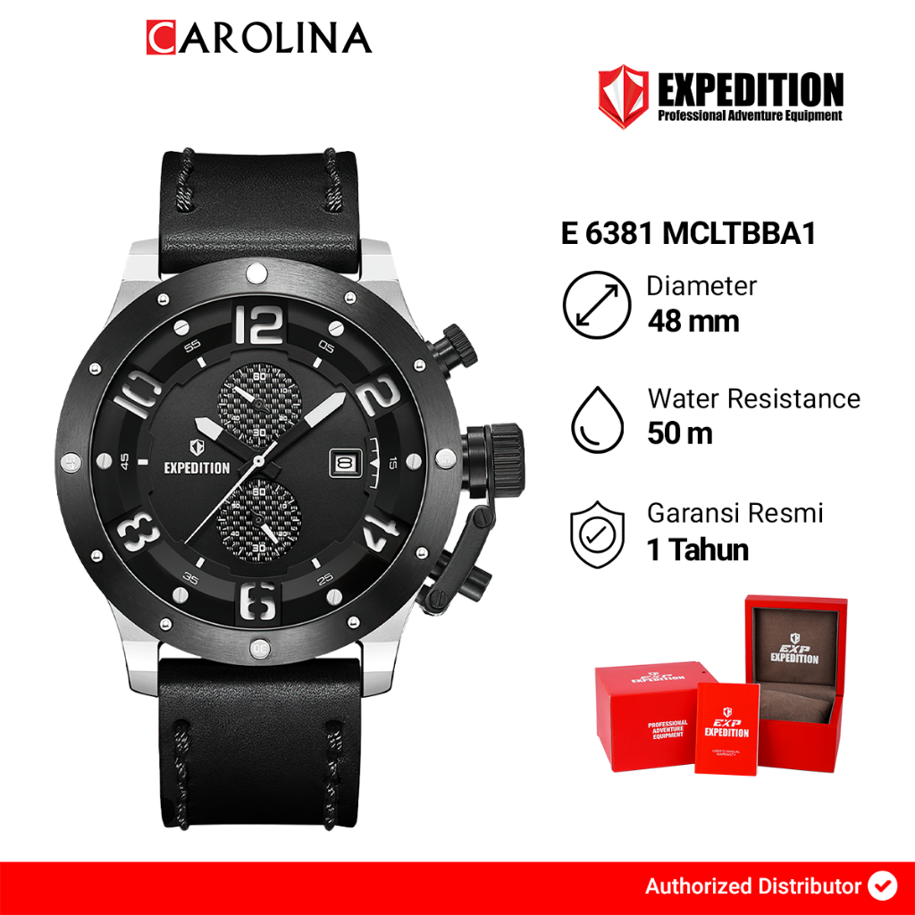 Jam Tangan Pria Expedition Chronograph E 6381 MCLTBBA1 Black Dial Black Leather Strap