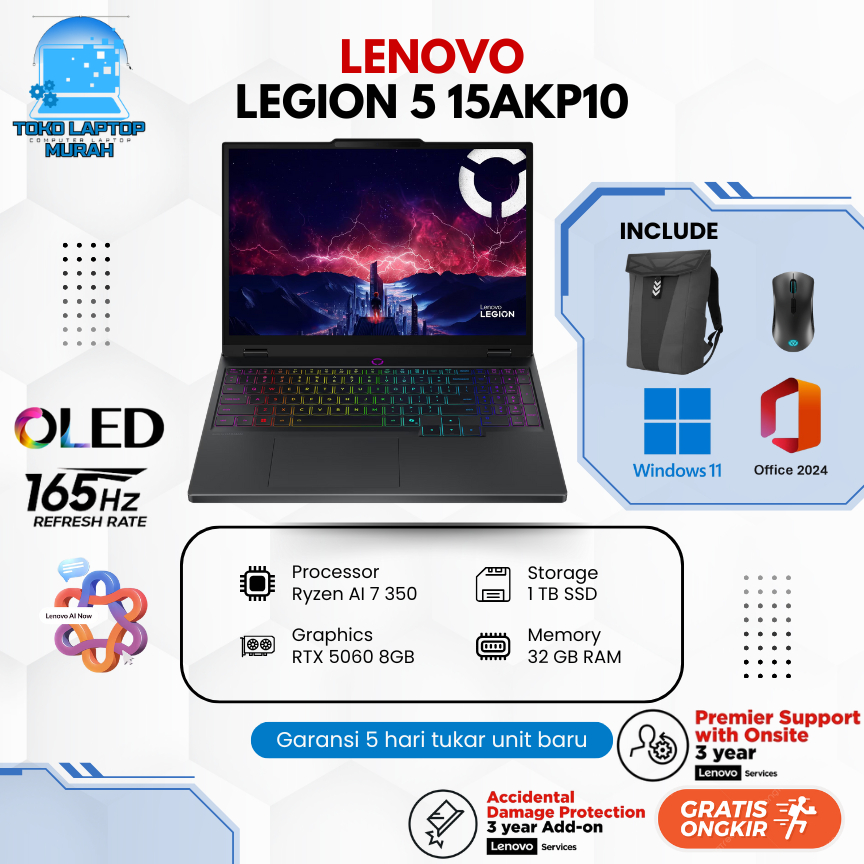 Lenovo Legion 5 OLED 2025 RTX5060 AMD Ryzen AI 7 350 32GB RAM 1TB SSD Garansi Resmi 3 Tahun Lenovo