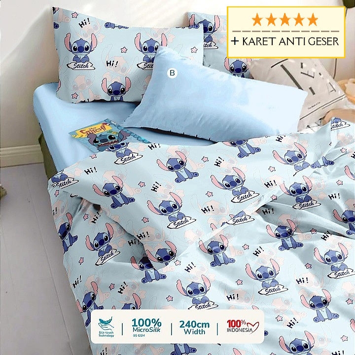 sprei anak Disney motif Stitch Hello 90x200 100x200 120x200 160x200 sprey anti geser cowok cewek