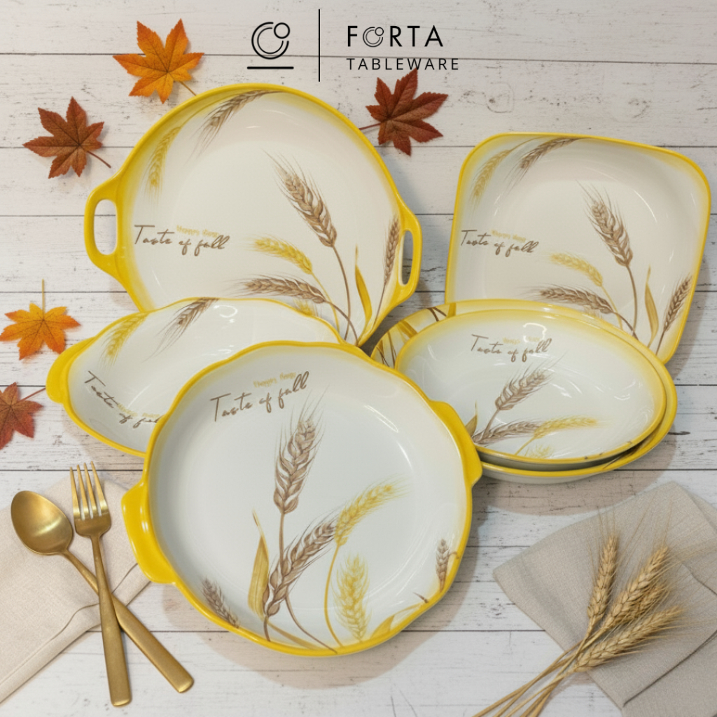 Piring Keramik Set Motif Padi Kuning Premium / Mangkuk Saji Gagang Aesthetic Set Peralatan Makan 175