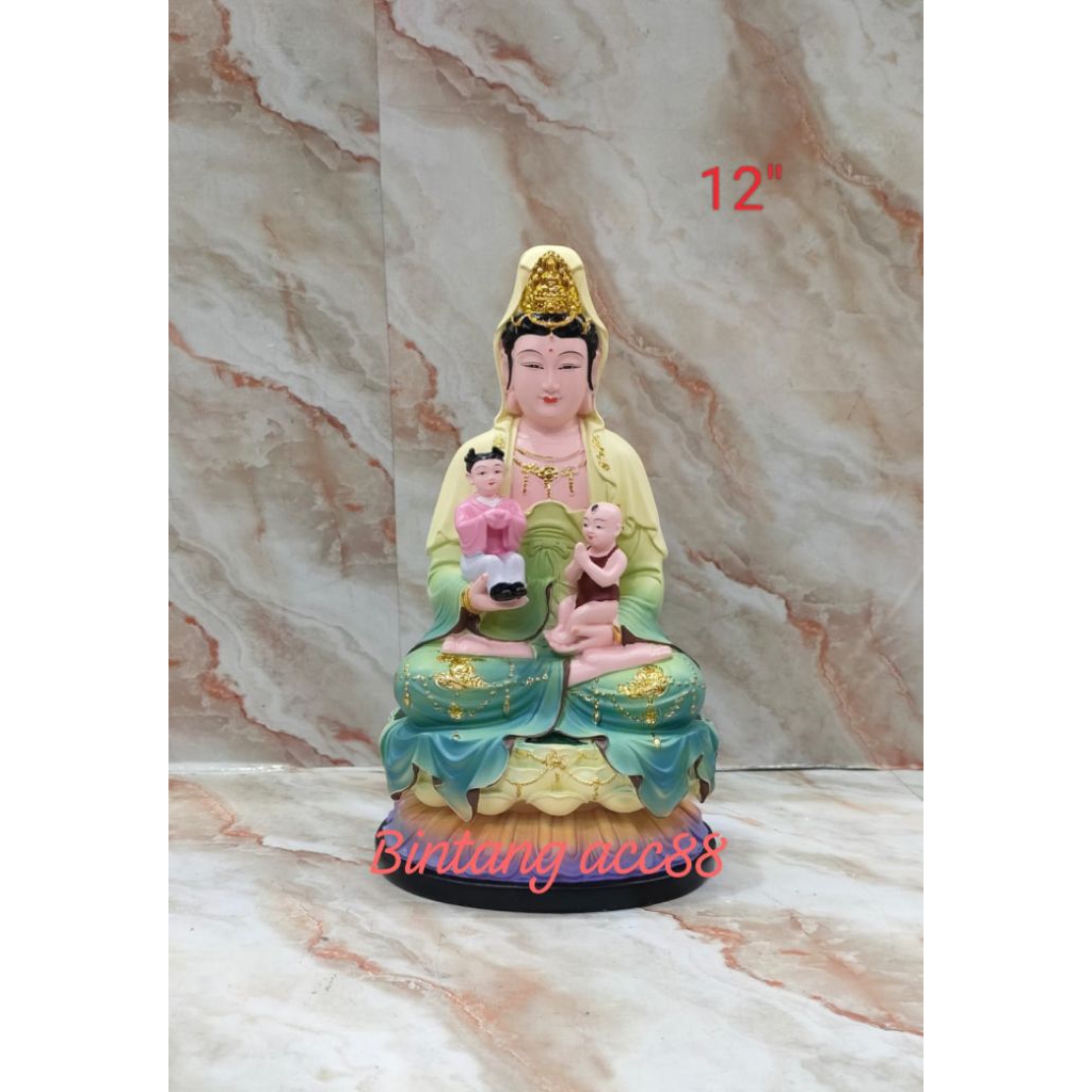 patung dewi kwan im / kwan in / guan yin - hijau - 2anak - fiber - 12inch